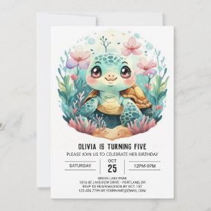 Aquatic Pink Turtle Meisje Verjaardag Kaart