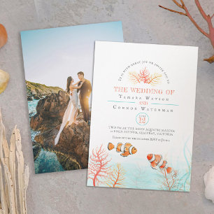 Aquatische bruiloft koraal clown vis waterverf fot kaart