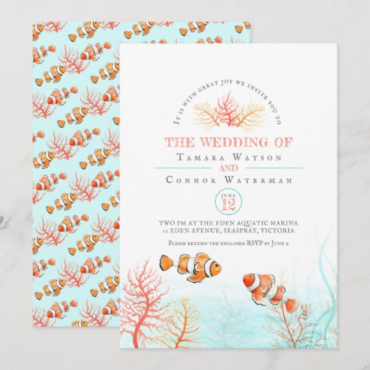 Aquatische bruiloft koraal en clownvis waterverf kaart (Voorkant / Achterkant)