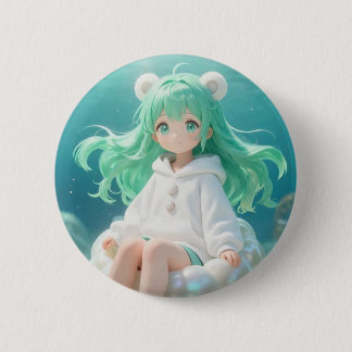 Aquatische Munt: Kawaii Meisje in Witte Hoodie op  Ronde Button 5,7 Cm