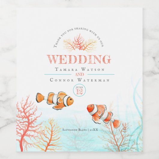 Aquatische tropische oceaan bruiloft waterverf wijn etiket (Enkel label)