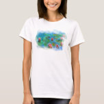 ** AR23 Monet Lily Pads Étang Cherub Angel T-Shirt<br><div class="desc">White WOMEN's SHORT SLEEVE Classic Monet et bassin de nénuphars. Les Monet Lilies / Lotus sont roses turquoise. Si vous regardez de plus près il y a un cadre ci-dessus avec des anges chérubins. Élégante Élégante Femme Romantique Éphémère Florale Peinture Artistique Unique Créatif Moderne et Romantique Design Vintage. (RECHERCHE AR23...</div>
