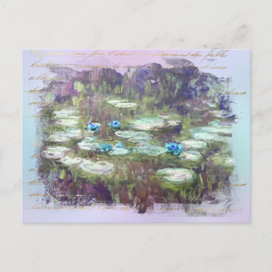** AR23 Monet Lily Pads Pond Old Gold Handwriting Briefkaart (Voorkant)