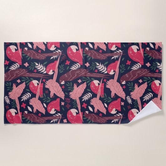 Ara Parrot Red Roze Tekening Tropisch Verlof Patro Strandlaken (Voorkant)