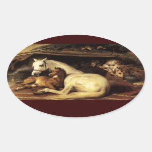 ARAB TENT MET HORSEN , ANDERE DIEREN OVALE STICKER