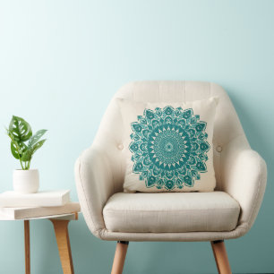 Arabesque Mandala Kussen – Blauwgroen geometrisch 
