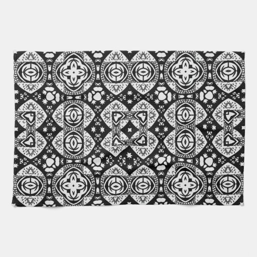 Arabesque Mosaic Tile Pattern Black and White Theedoek (Horizontaal)