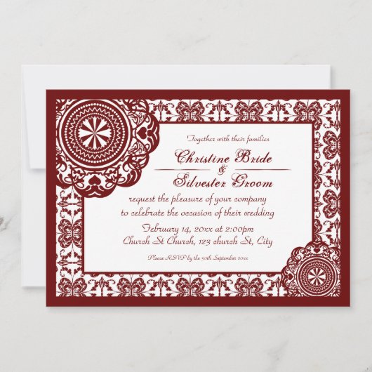 Arabesque Rode Kant, 5x7 bruiloft uitnodiging (Voorkant)