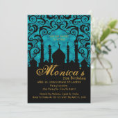Arabian Nights, Blauwgroen verjaardagsuitnodiging Kaart (Staand voorkant)
