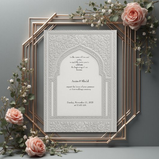 arabic Silver Embossed Floral Arch Wedding Kaart