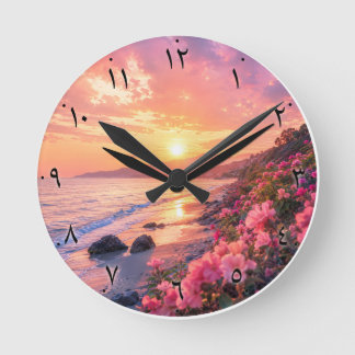 Arabische cijfers Sunset Beach Wandklok | Bloem Ronde Klok