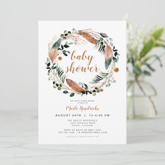 ARBOR Bohemian Feather Greenery Wreath Boho Baby Kaart (Staand voorkant)