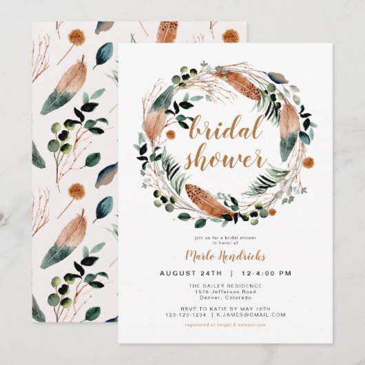 Arbor - Bohemian Feather Greenery Wreath Bridal Kaart (Voorkant / Achterkant)