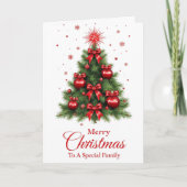 Arbre aux ornements rouges Carte de Noël – Famille (Devant)