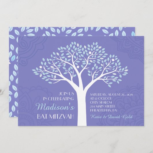ARBRE AVEC ÉTOILES Invitation Bat mitzvah (Devant / Derrière)