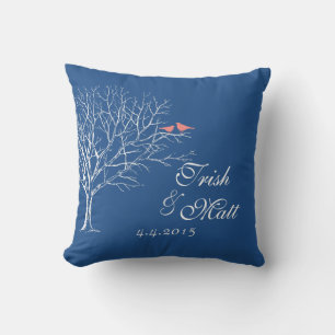 Arbre Branché Gris Corail Oiseaux Mariage Coussin