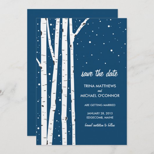 Arbre de bouleau et neige Save the Date (Devant / Derrière)