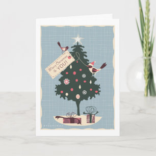 Arbre de Noël avec la carte de voeux d'oiseaux