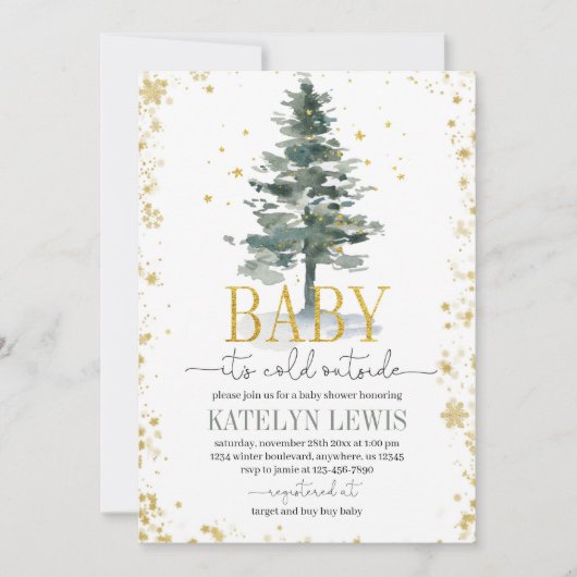Arbre de Noël Baby shower Invitation Or (Devant)