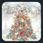 Arbre de Noël, baubles Stickers Rectangle<br><div class="desc">sticker élégant Noël et Nouvel An - Ce design présente une illustration d'arbre de Noël décoré de luxe plein de boules rouges et or,  arc et cadeaux. L'Arrière - plan est un effet de parties scintillant argenté.</div>
