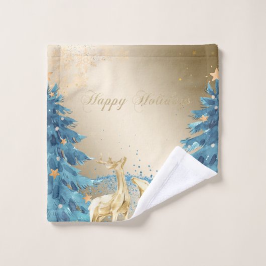 Arbre de Noël Bleu, Rennes d'or, Snowflakes (Gant de toilette)