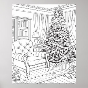 Arbre de Noël dans le salon Coloriage Poster