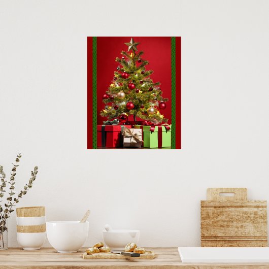 Arbre de Noël décoré avec affiche Cadeaux (Cuisine)