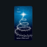 Arbre de Noël sur Étiquette bleu brillant<br><div class="desc">Un design de Noël élégant et élégant,  avec un arbre de Noël abstrait et des étoiles sur un arrière - plan bleu brillant. Personnalisez-le avec votre texte.</div>