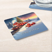 Arbre de Noël Train Rouge Fêtes Papier Sous-Verre (Incliné)