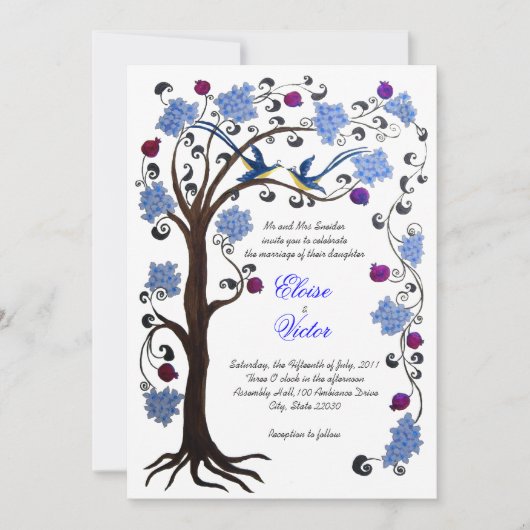 Arbre de vie faire-part de mariage (v) bleu/blanc (Devant)