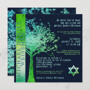 Arbre de vie Green Blue Bar Mitzvah Invitation
