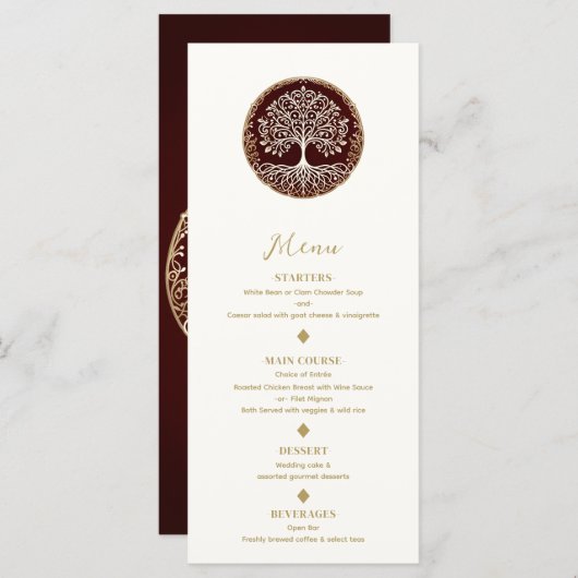Arbre de vie Rustique rouge foncé Mariage menu (Devant / Derrière)