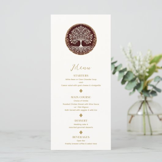 Arbre de vie Rustique rouge foncé Mariage menu (Debout devant)