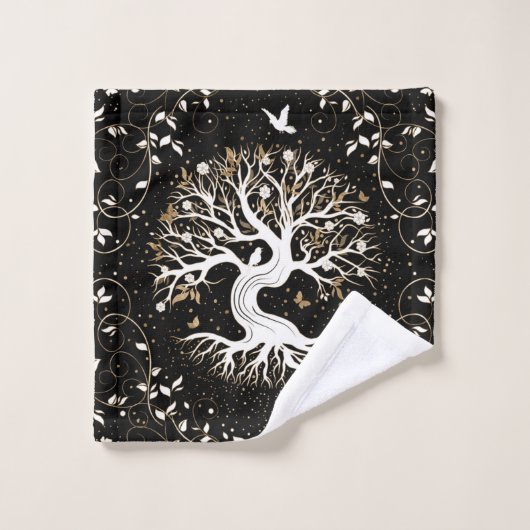 Arbre de vie - Yggdrasil - noir blanc et or (Gant de toilette)