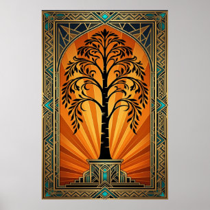 Arbre élégant Art déco au coucher du soleil doré