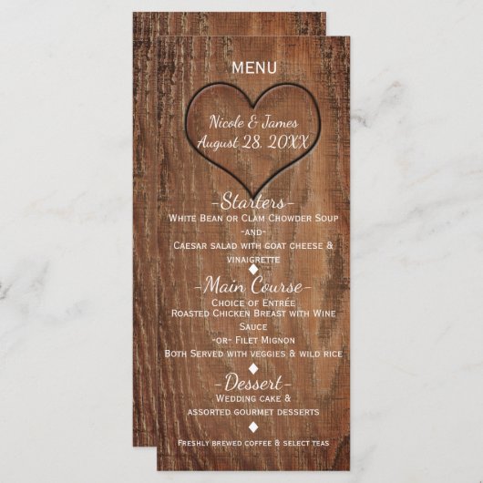 Arbre en bois sculpté dans le coeur Rustique Menu  (Devant / Derrière)