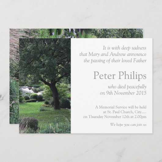 Arbre Jardin paisible 6 Faire-part funéraire (Devant / Derrière)