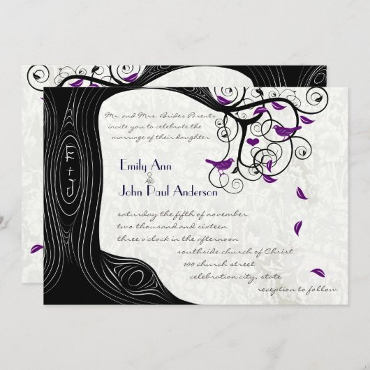 Arbre Noir Oiseaux pourpres Invitations de mariage (Devant / Derrière)