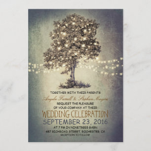 Arbre rustique & lumières à cordes invitations de