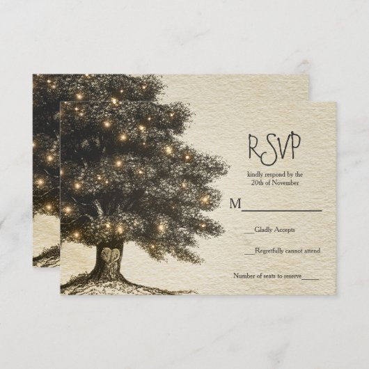 Arbre rustique vintage & Lumières Mariage RSVP (Devant / Derrière)
