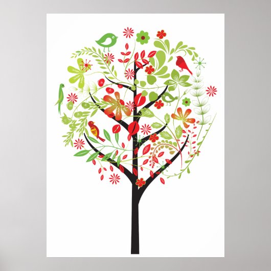 Arbre vert rouge et affiche d'oiseaux mignons (Devant)