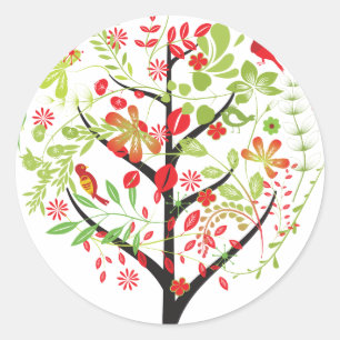 Arbre vert rouge et autocollant d'oiseaux mignons