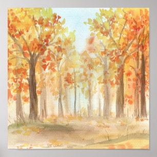 Arbres d'automne Orange Feuille Aquarelle Poster