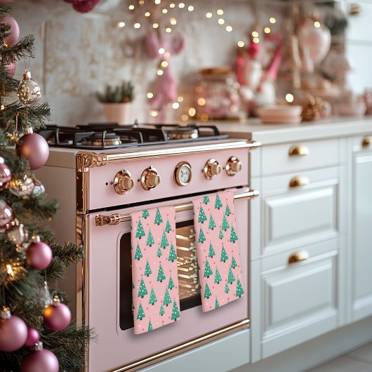 Arbres de Noël roses et verts Serviette de cuisine