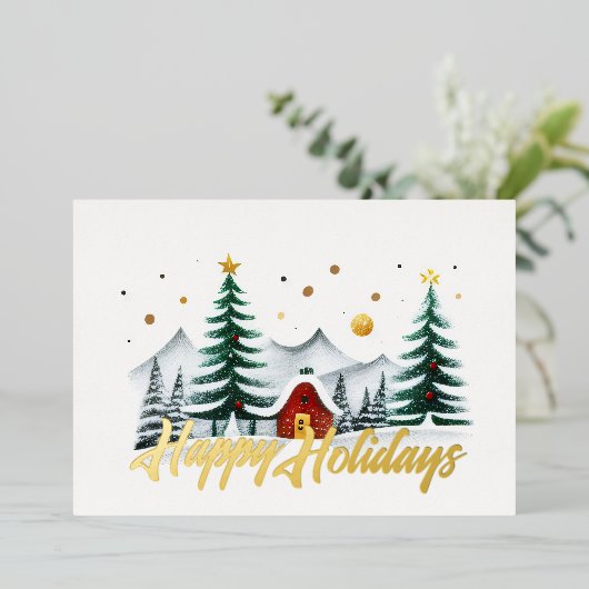 Arbres peints et maison Joyeux vacances (Debout devant)