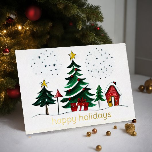 Arbres peints et maison Joyeux vacances