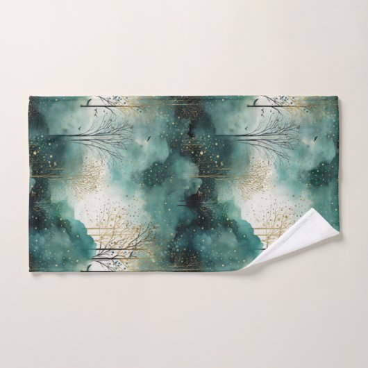 Arbres verts en or avec oiseaux Noël (Serviette à main)