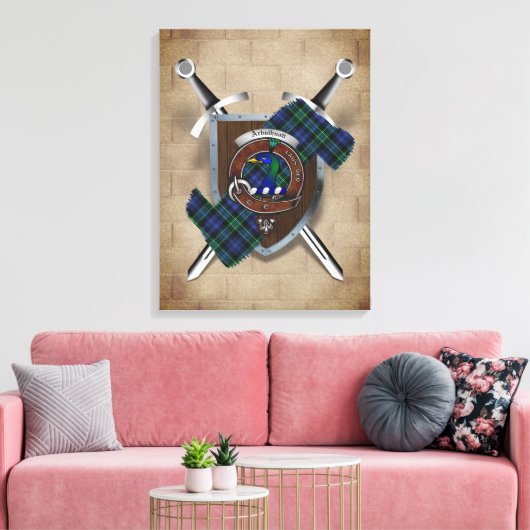 Arbuthnott Clan Badge Crossed Swords Canvas Print (Insitu (Woonkamer))
