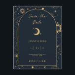 Arc céleste Enregistrer la date Carte postale Invi<br><div class="desc">Conçu pour se coordonner avec notre collection mystique céleste, ce personnalisable unique enregistrer la carte postale invitation de date comporte de magnifiques éléments célestes d'or sur un arrière - plan de marine sombre avec une bordure en arc. Pour une personnalisation plus avancée de cette conception, par exemple la modification de...</div>