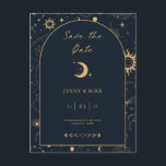 Arc céleste Enregistrer la date Carte postale Invi<br><div class="desc">Conçu pour se coordonner avec notre collection mystique céleste, ce personnalisable unique enregistrer la carte postale invitation de date comporte de magnifiques éléments célestes d'or sur un arrière - plan de marine sombre avec une bordure en arc. Pour une personnalisation plus avancée de cette conception, par exemple la modification de...</div>